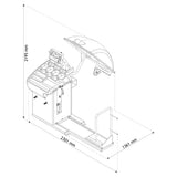 Technical schematic or blueprint of a vehicle-mounted food vending cart with an umbrella.