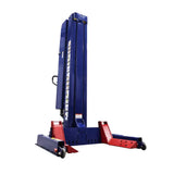 Mobile vehicle lift with a tall blue vertical column and red support arms.