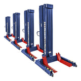 Set of four heavy-duty vehicle lifts in blue and red colors.