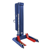 Hydraulic vehicle lift with blue frame and red support arms.