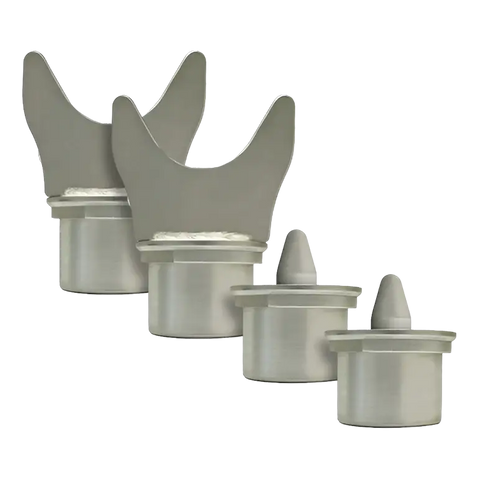 Gray plastic bottle nipples and caps in descending size, perfect for Challenger CL16 adapter