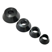 Four black conical wheel balancing cones arranged in descending size order.