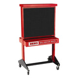 Red mobile tool cart with a pegboard panel and ’Balancer Mate’ label.