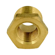 Brass hexagonal reducer fitting with threaded interior and exterior.