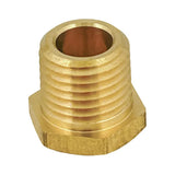 Brass threaded pipe fitting or adapter with a hexagonal base.