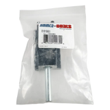 Metal bracket with a protruding bolt or pin, packaged in a clear plastic bag with a product label.