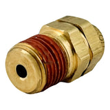 Brass compression fitting or connector with a red thread sealant applied.