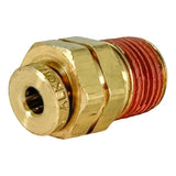 Brass pneumatic quick-connect fitting with a red threaded end.