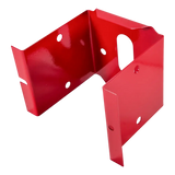 Red metal bracket or mounting plate with multiple holes and bends.