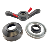 Wheel balancing adapter kit with wing nut and cone-shaped components.