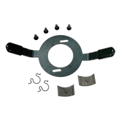 Circular metal bracket with two extending arms and accompanying hardware components.