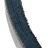 Curved section of a dark, textured belt or strap with a rough edge.