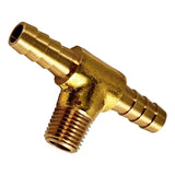 Brass T-shaped pipe fitting with threaded and barbed connections.