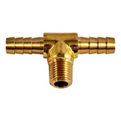 Brass T-shaped pipe fitting with threaded and barbed connections.