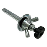 Stainless steel beer tap with a black control knob.