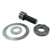 Set of metal fasteners including a bolt, washers, and a locking nut.