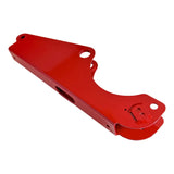 Red metal bracket or mounting component with multiple holes and a curved shape.