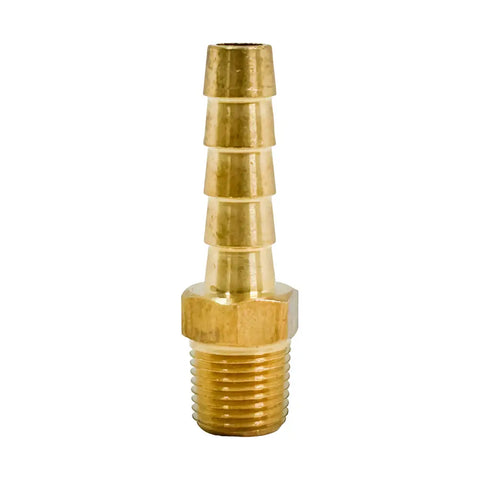 Brass hose barb fitting with threaded end.