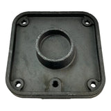 Square black metal plate with a circular protrusion in the center and five screw holes.