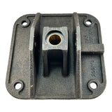 Metal mounting bracket or base plate with a central threaded insert and four corner holes.