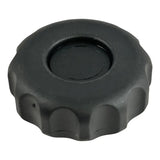 Black plastic knob with a ridged edge and circular indentation on top.