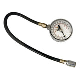 Tire pressure gauge with a dial face and flexible hose.