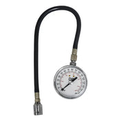 Tire pressure gauge with a flexible hose and round dial display.