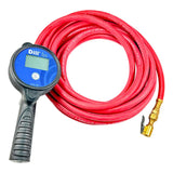 Digital tire pressure gauge with a red air hose attached.