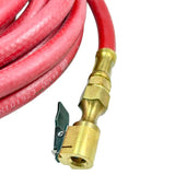 Red rubber hose with a brass fitting and valve attachment.