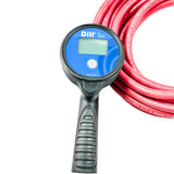 Digital tire pressure gauge with a blue display and gray handle, connected to a red air hose.