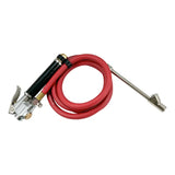 Tire inflator with a red hose and metal nozzle attachments.