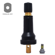 Tubular black and gold tire valve stem with a removable cap.