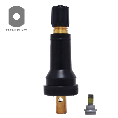 Tubular black and gold tire valve stem with a removable cap.