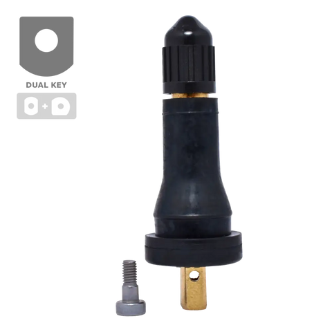 Tubular black tire valve stem with a removable cap and metal base.