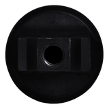 Black circular object with a rectangular cutout and central hole.