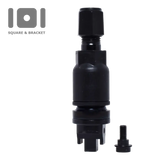 Black cylindrical device with multiple segments and a protruding top portion.