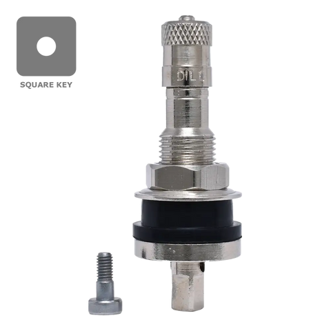 Metal tire valve stem with a threaded body and hexagonal nut.