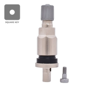 Metal valve or sensor component with a cylindrical body and adjustable top.