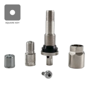 Tire valve stem assembly with various components and fittings.