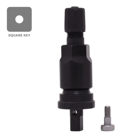 Black metal impact driver bit holder or adapter with a square key and small screw.