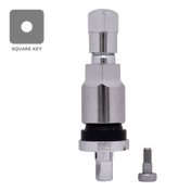 Metallic valve stem or tire pressure sensor with a square key attachment.