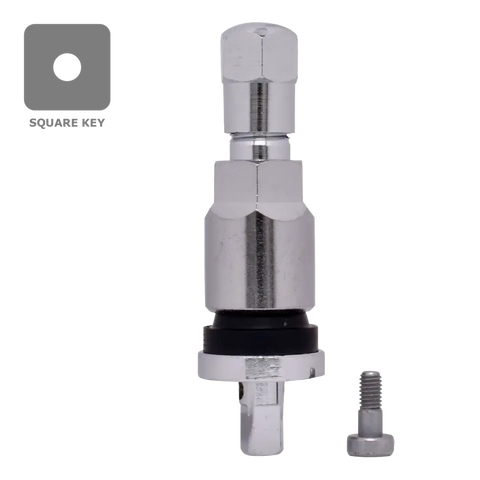 Metallic valve stem or tire pressure sensor with a square key attachment.