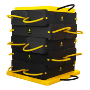 Stack of black plastic storage containers with yellow handles for Esco CribLok Cribbing System