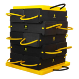 Stack of black plastic storage containers with yellow handles for Esco CribLok Cribbing System