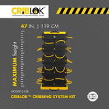 Black and yellow vertical storage rack for organizing tools in Esco Criblok Cribbing system