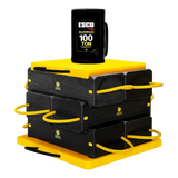 Black and yellow Esco Criblok Cribbing blocks stacked with safety straps for a sturdy cribbing solution