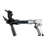 Pneumatic nail gun with an extended barrel and adjustable grip.