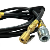 Coiled black hose or cable with gold and silver metal connectors at the ends.