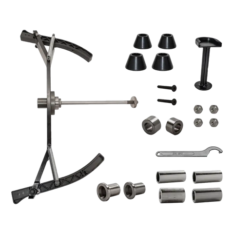 Motorcycle front fork and suspension assembly with Hofmann balancer adapter kit for wheel service