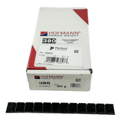 Box of Hofmann Power Weight 380 black adhesive wheel weights with a strip of weights displayed below.